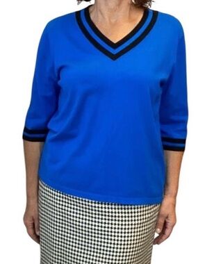 Cashmere Cotton Blend V-neck Blue Women’s Sweater with Contrasting Stripe Size M